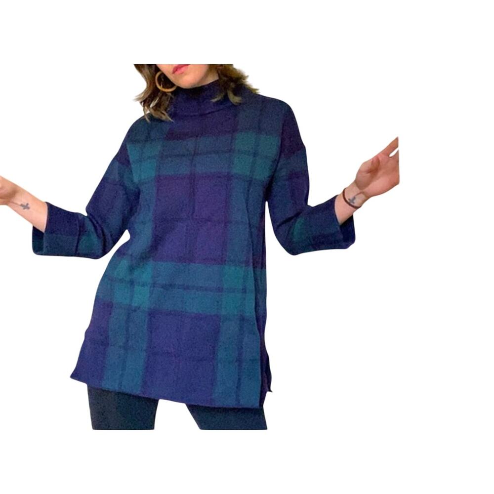 Tahari Green Navy Blue Plaid Tunic Sweater Size L High Neck